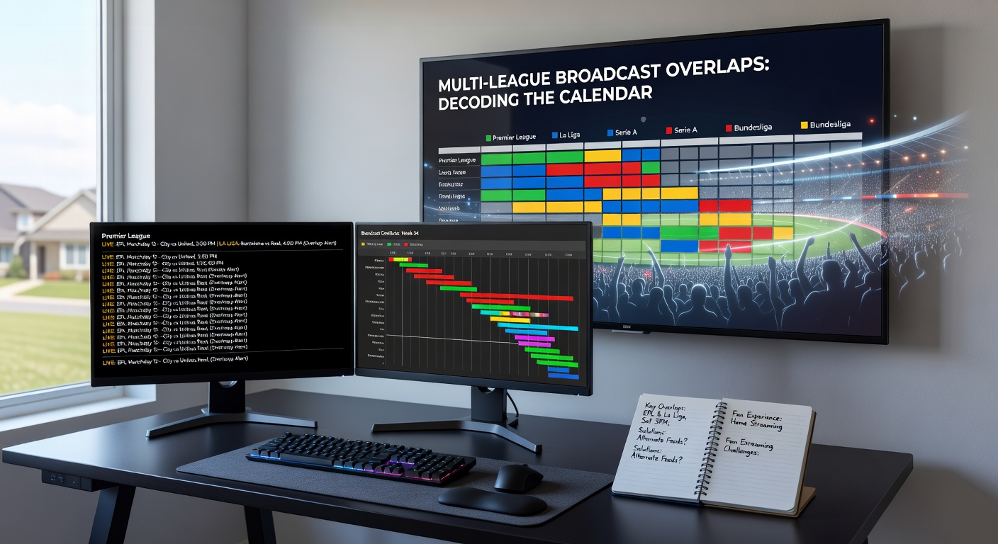 Detailed broadcast calendar chart illustrating overlaps between Premier League, NFL, NBA, and MLB schedules in a typical spring weekend, with color-coded time slots
