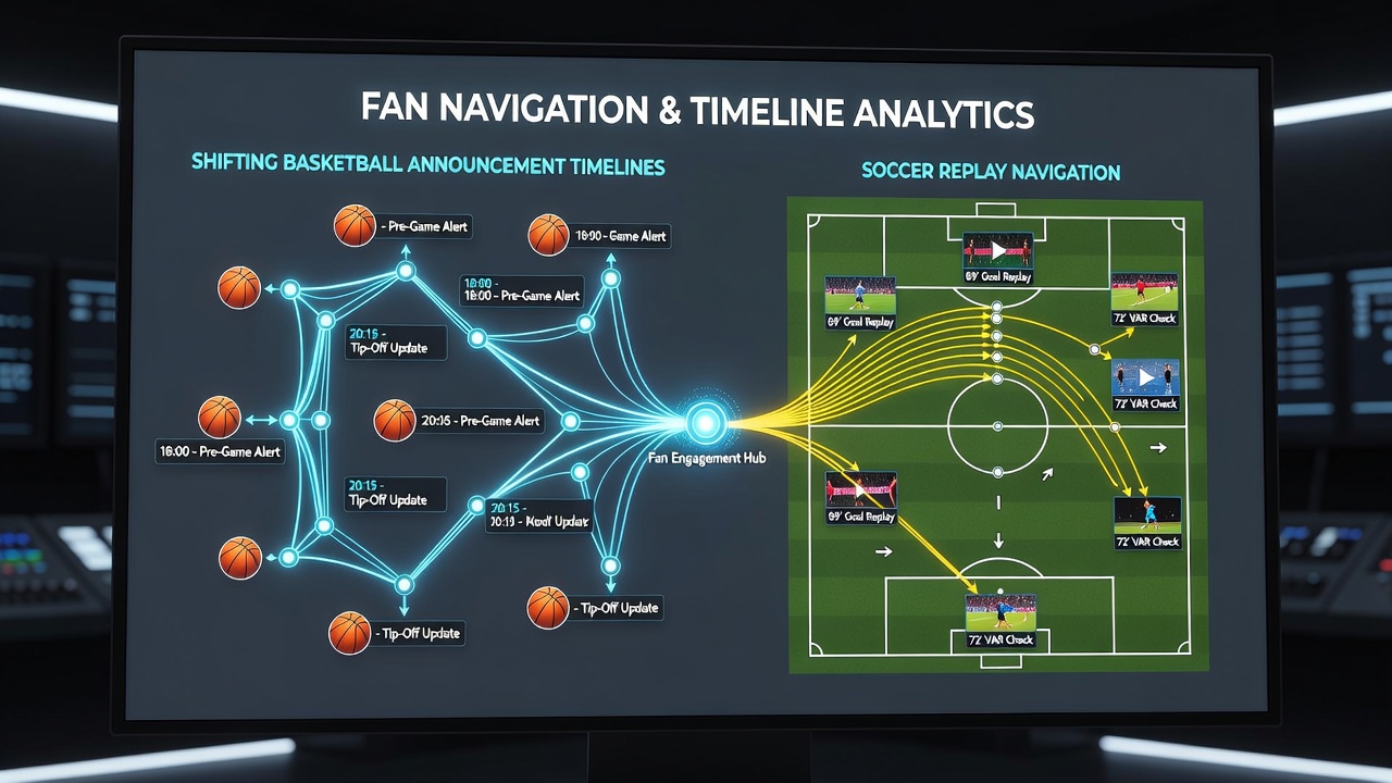 Digital interface displaying synchronized basketball schedules alongside soccer replay search results on a streaming platform