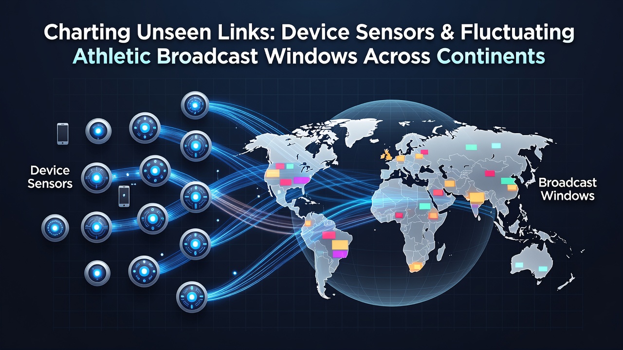 Illustration showing interconnected device sensors and global sports broadcast schedules across multiple continents