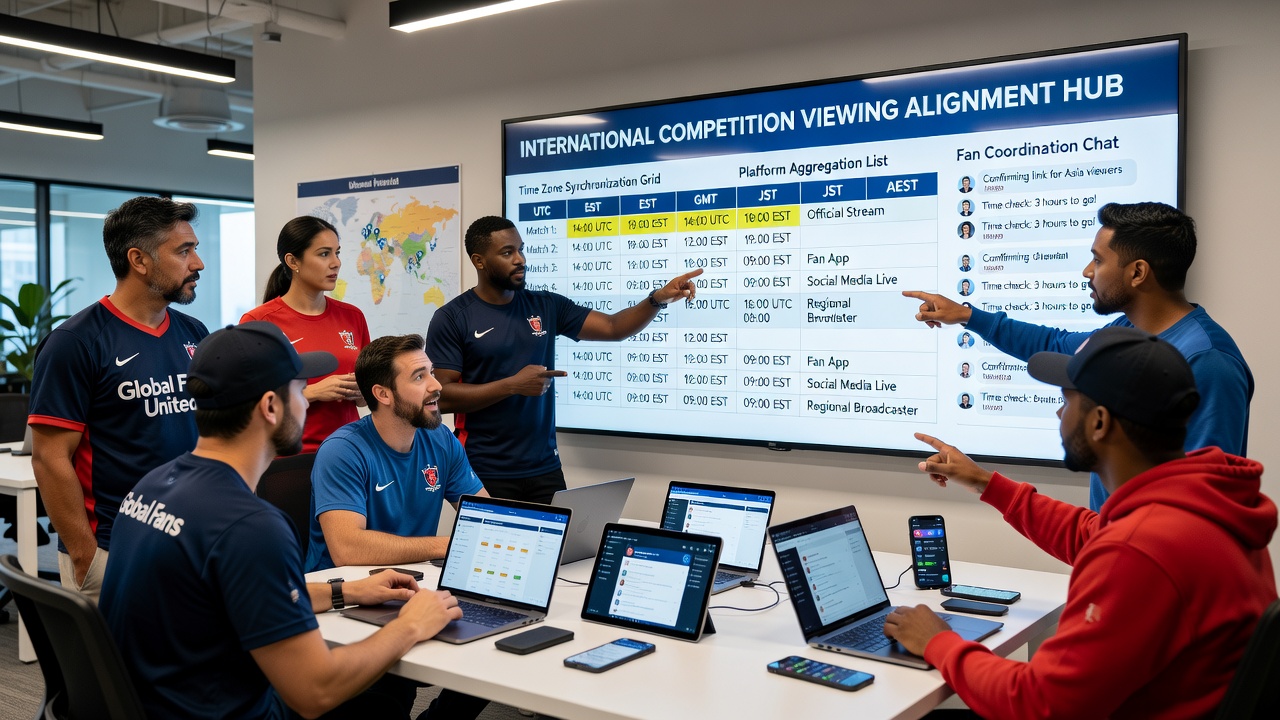 Groups of fans using laptops and phones to coordinate streaming schedules for global sports events