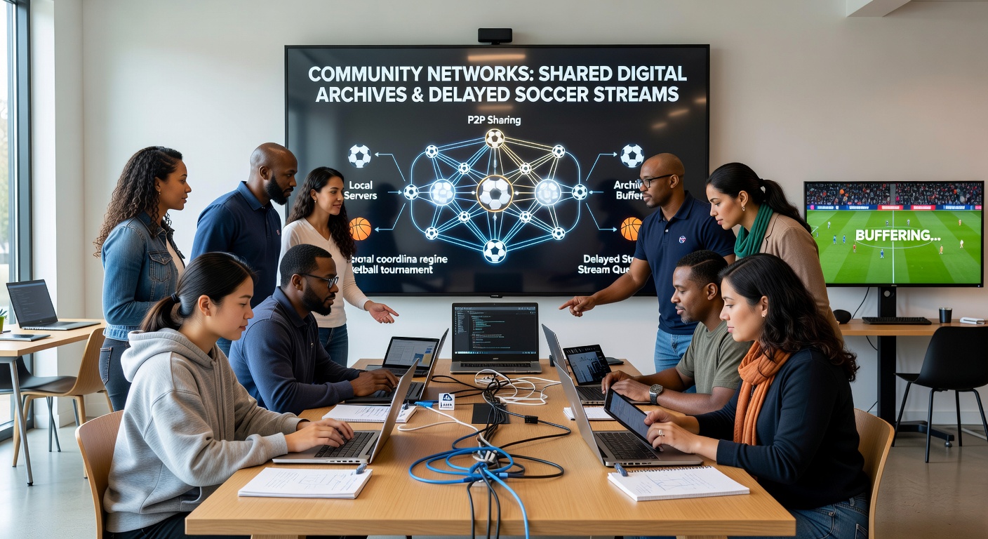 Community members accessing shared digital archives for soccer streams on various devices during schedule overlaps