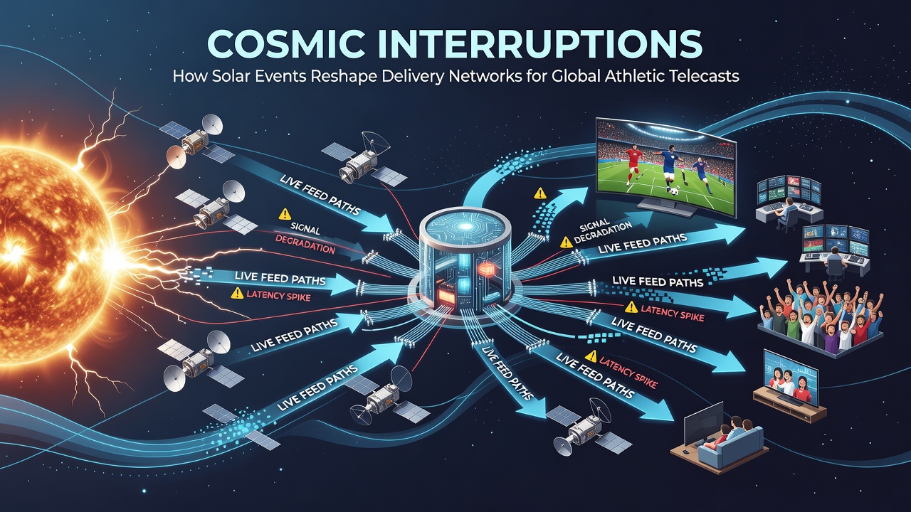 Network operations center monitoring satellite feeds during a solar event affecting sports transmissions