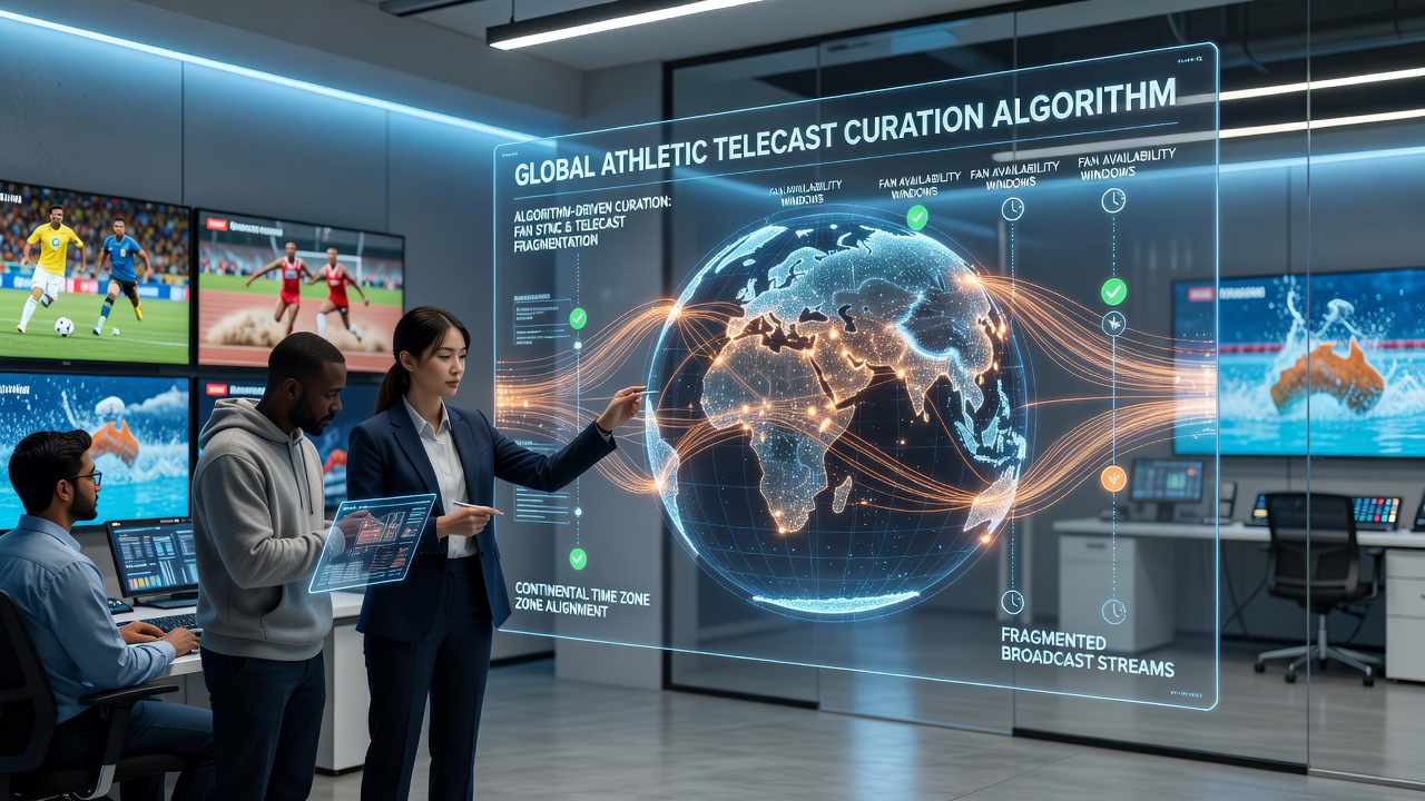 Algorithm interface displaying global sports broadcast schedules across multiple time zones
