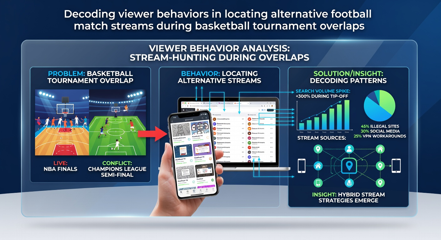 Sports fans navigating multiple devices while searching for live football streams during overlapping basketball events in a busy viewing lounge