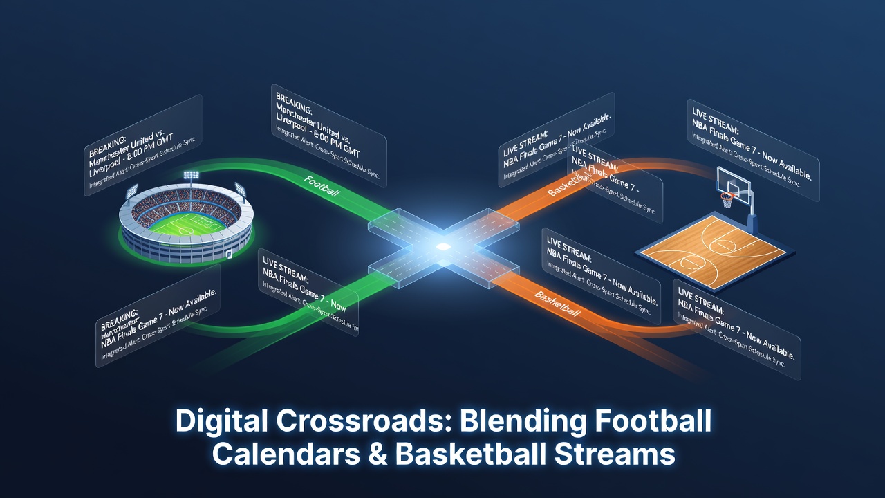 Fans checking digital sports calendars on mobile devices while alerts pop up for upcoming football and basketball events