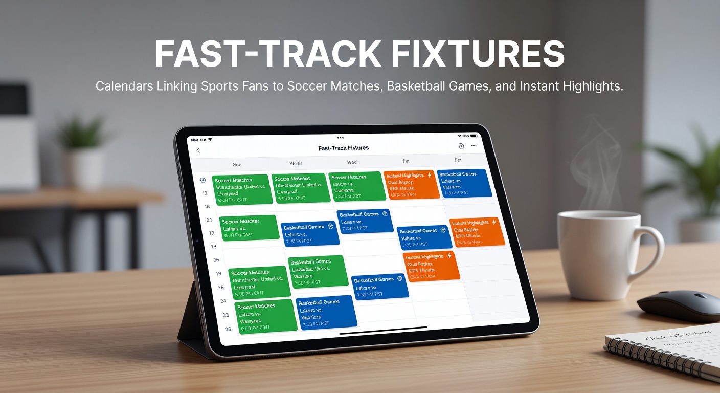 Sports fans scrolling through fast-track fixture calendars on smartphones, highlighting soccer pitches and basketball courts with overlaid match schedules