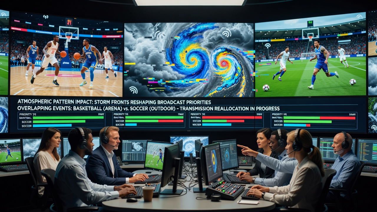 Control room staff monitoring weather data alongside live sports schedules