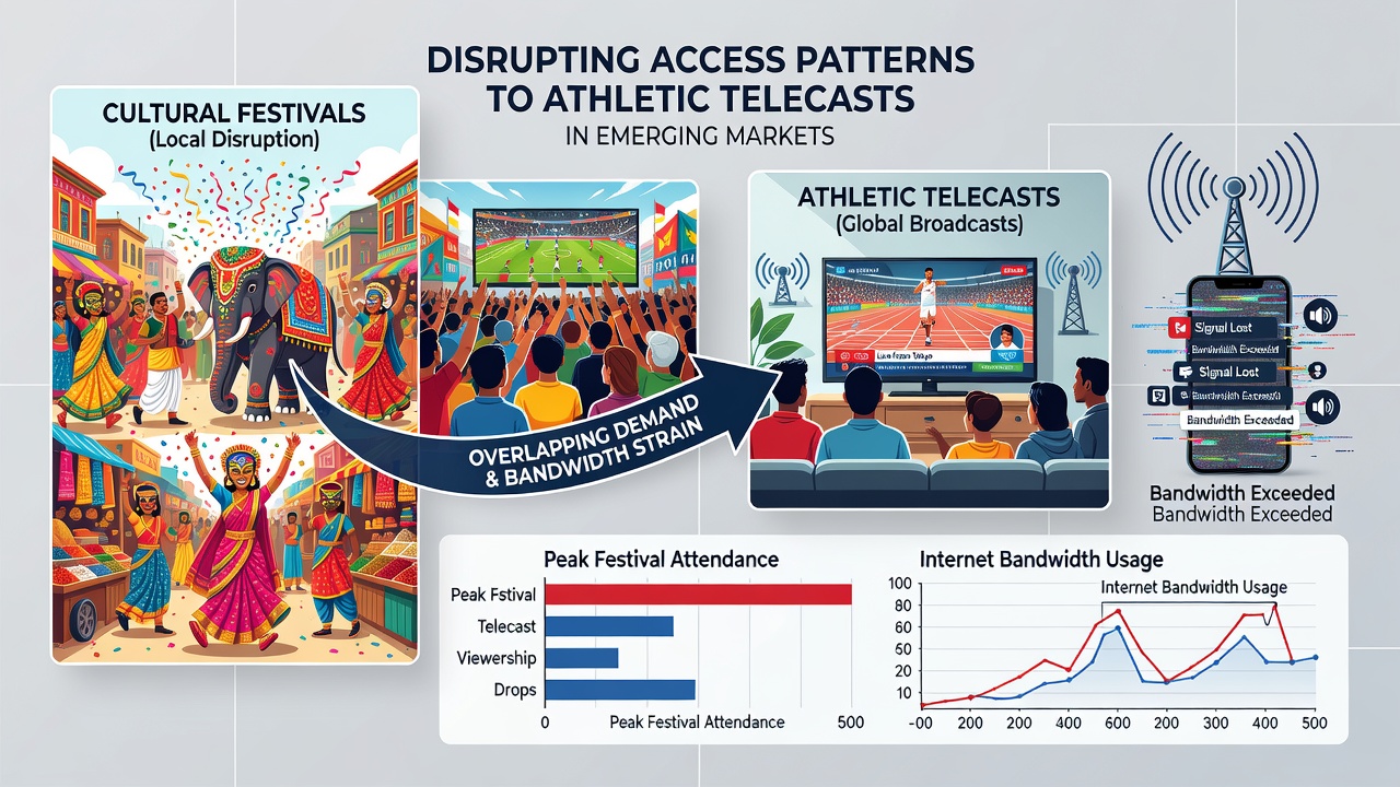 Viewers in an emerging market use mobile devices to watch overlapping sports events during a street festival celebration
