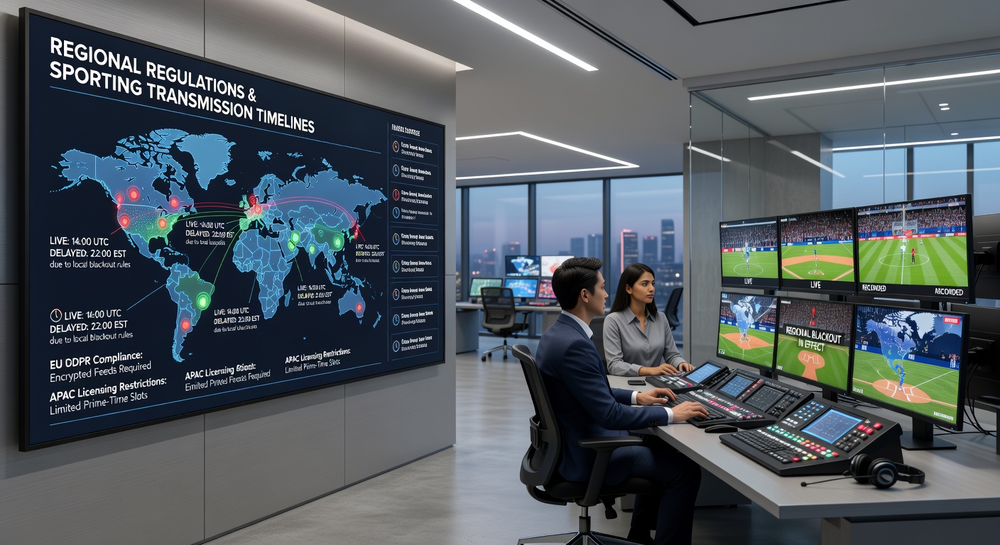 Digital streaming dashboard illustrating delayed broadcast availability due to regional rules