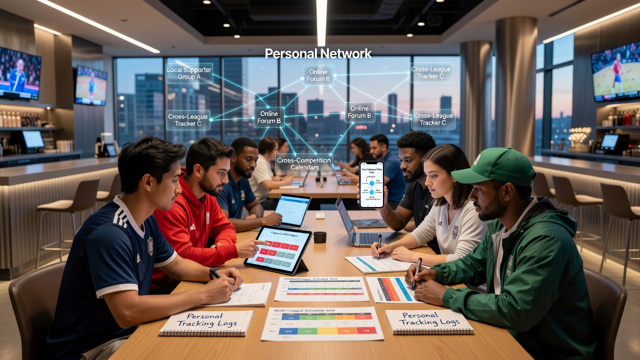 Supporters collaborating on shared digital calendars for multi-league athletic events