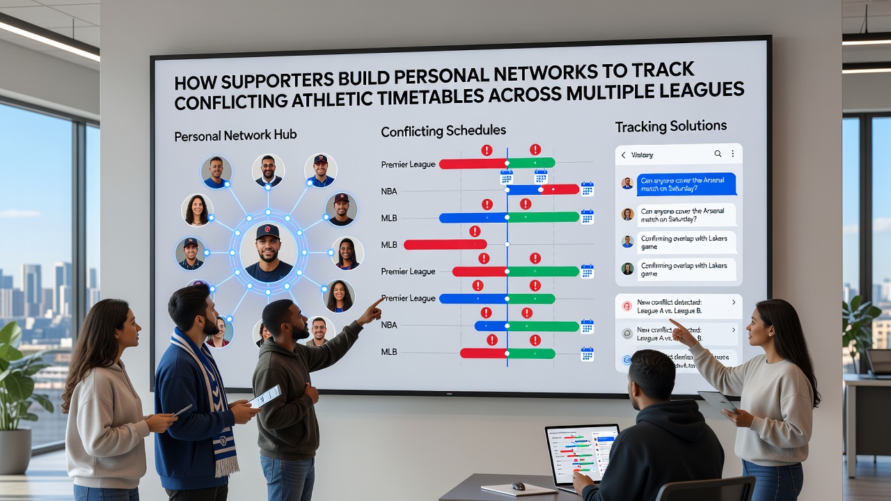 Group of fans reviewing printed and digital schedules together during a planning session