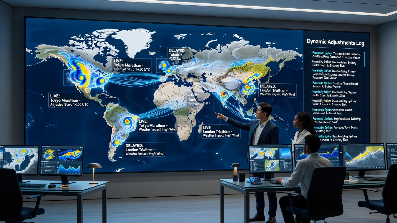 Global map displaying weather overlays on athletic event broadcast timelines