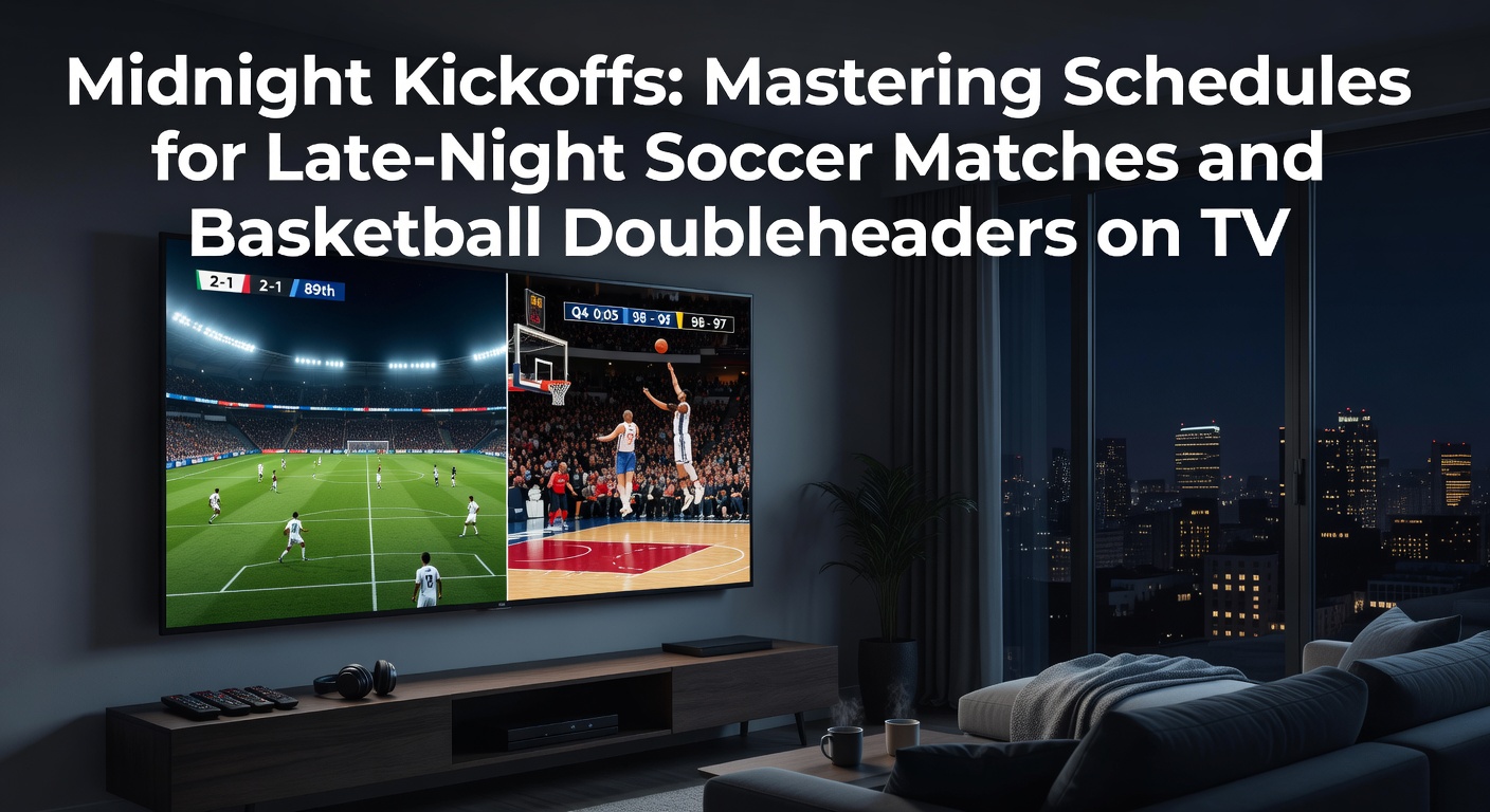 Vibrant TV screen displaying a soccer match kicking off at midnight, with players in action under stadium lights and a digital clock overlay