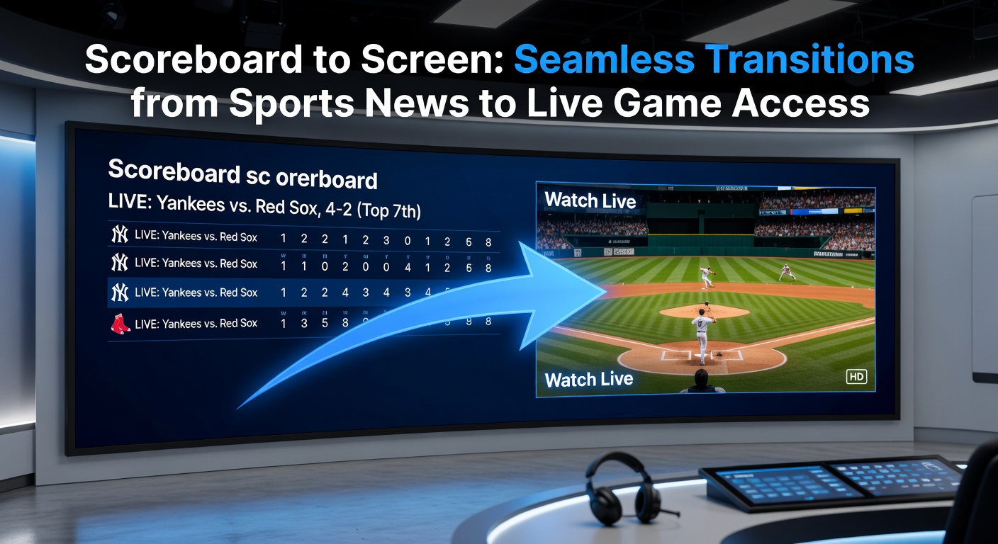 Sports scoreboard on a mobile app displaying real-time scores, with an overlay arrow pointing to a live game stream interface, highlighting the seamless shift from news updates to full broadcasts.