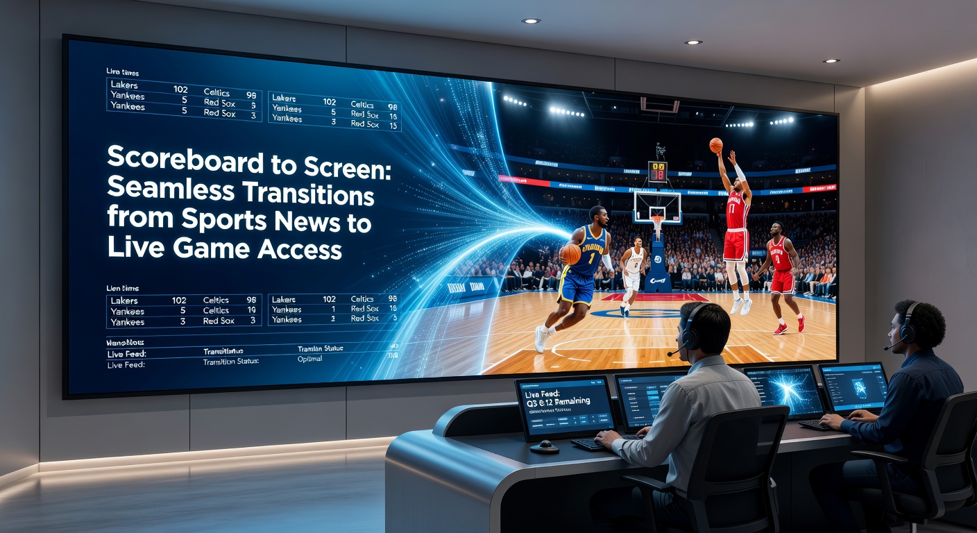 Close-up of a tablet screen showing a basketball news alert with live score, transitioning via swipe to a full-court live stream, complete with chat overlay and stats panel.