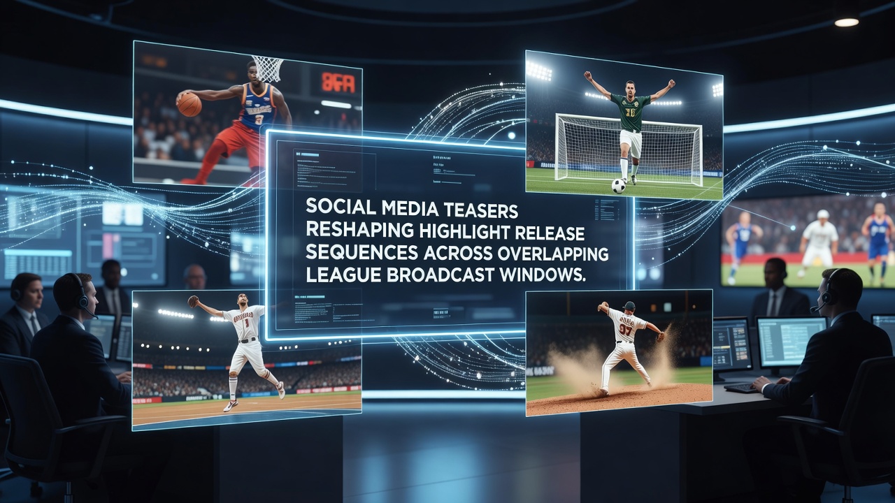 Split-screen view of teaser posts and delayed highlight packages on mobile devices during concurrent league broadcasts