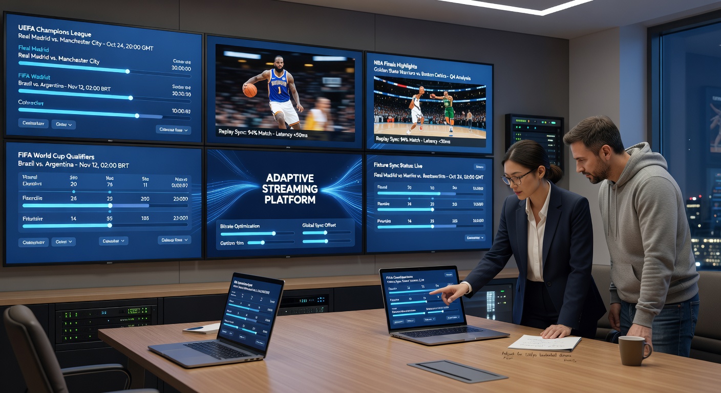 Adaptive streaming dashboard displaying synchronized international soccer fixtures and basketball replays with timeline controls