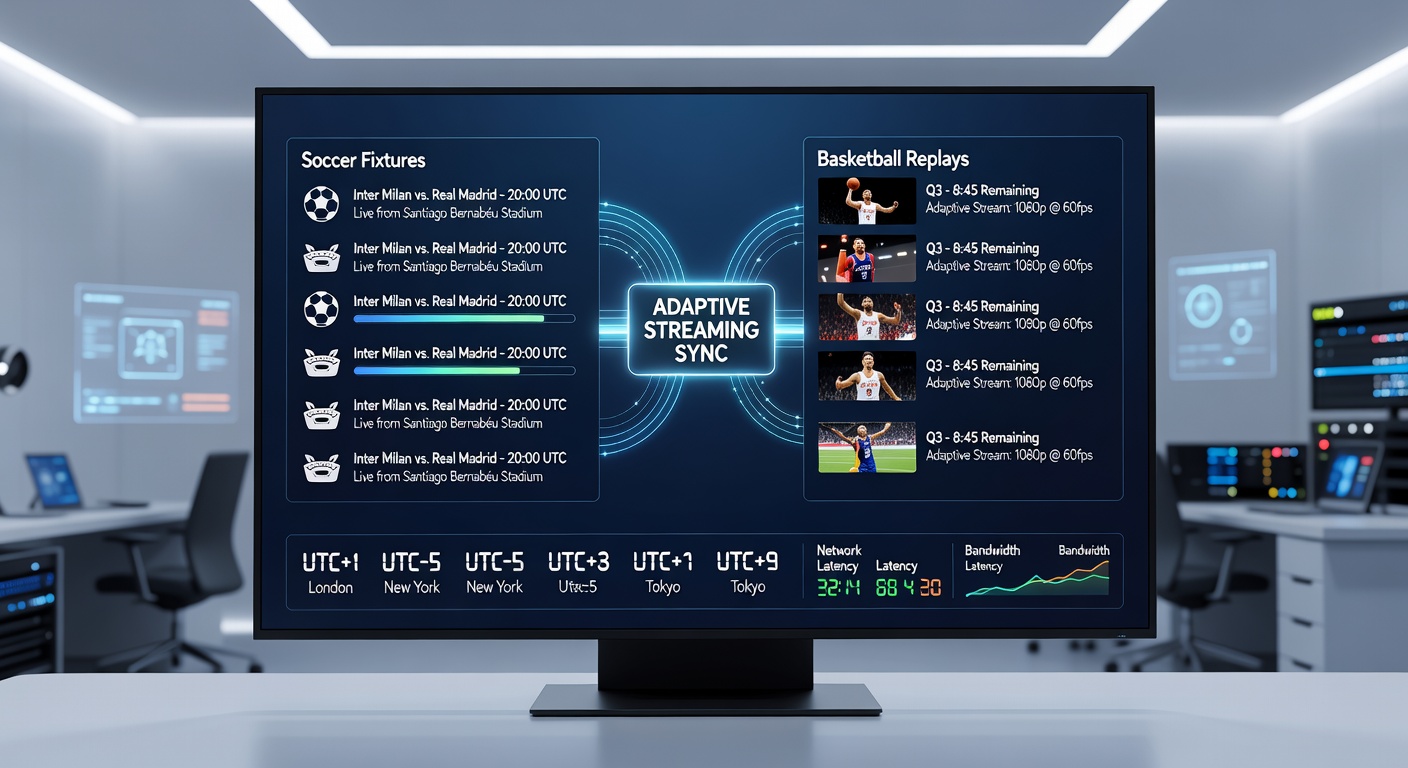Network diagram illustrating adaptive bitrate switching between live soccer and on-demand basketball content