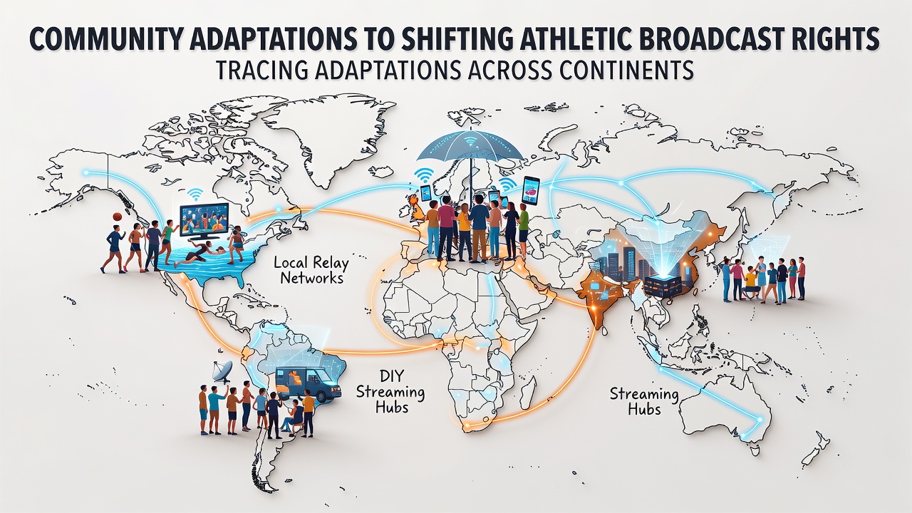 Global map highlighting shifting broadcast rights for major athletic events across Europe, Asia, Africa, and the Americas
