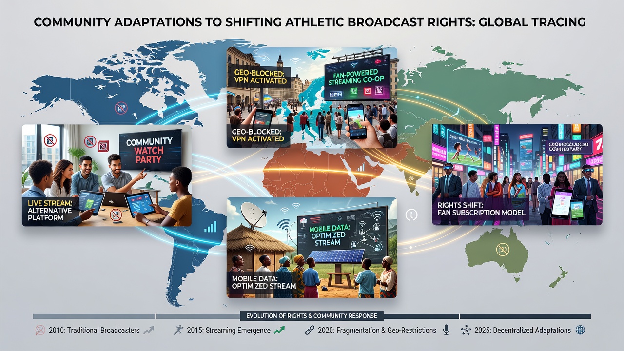 Community members gathered around shared screens during an international athletic broadcast in an urban setting