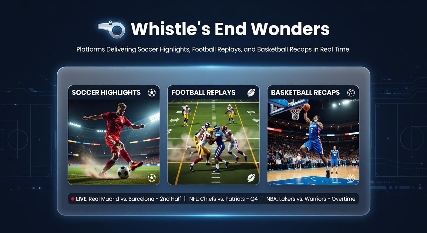 Dynamic split-screen view of soccer highlights, football replays, and basketball recaps streaming on mobile devices during live matches